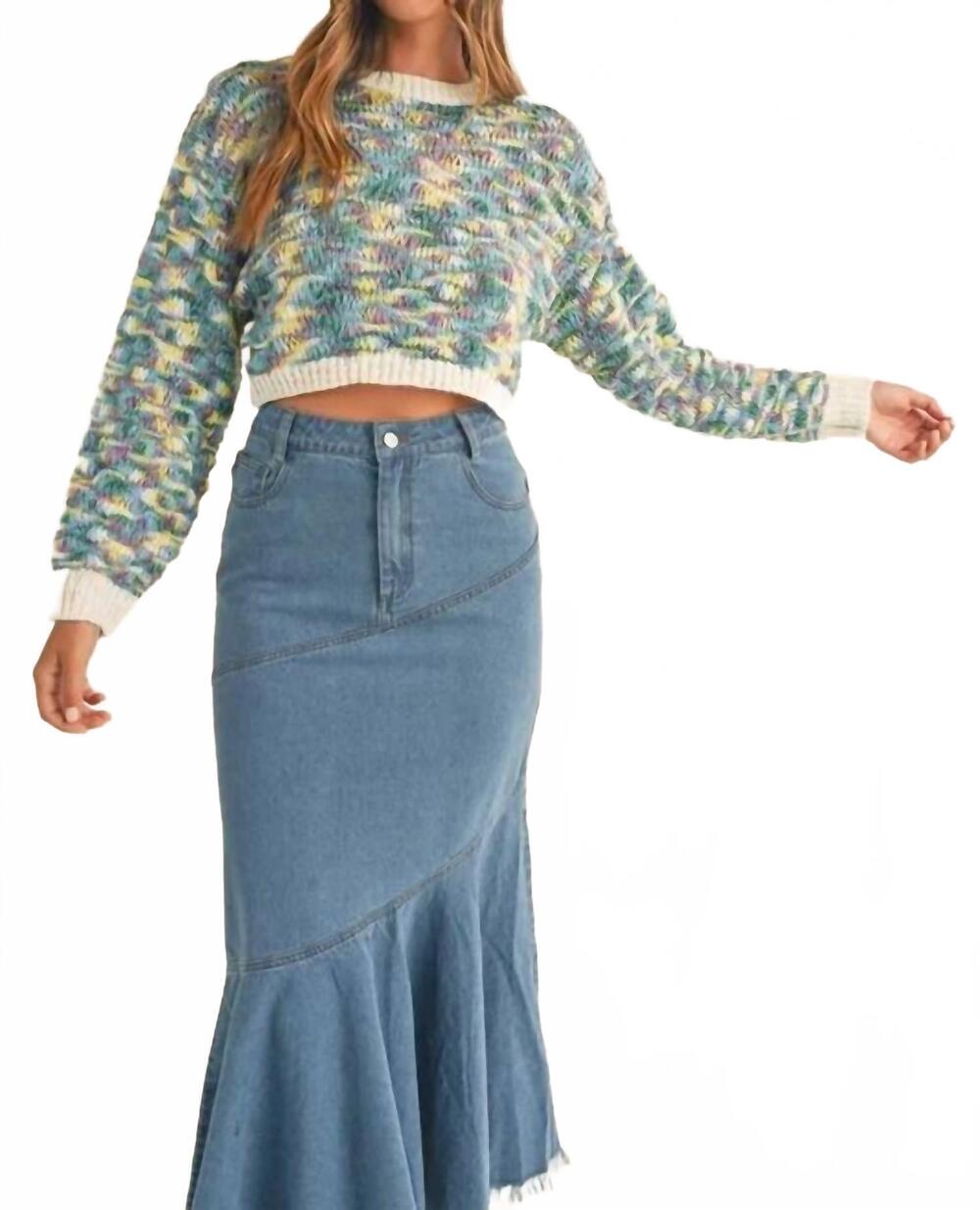 NEW MABLE long sleeve multi color knit cropped sweater top in blue